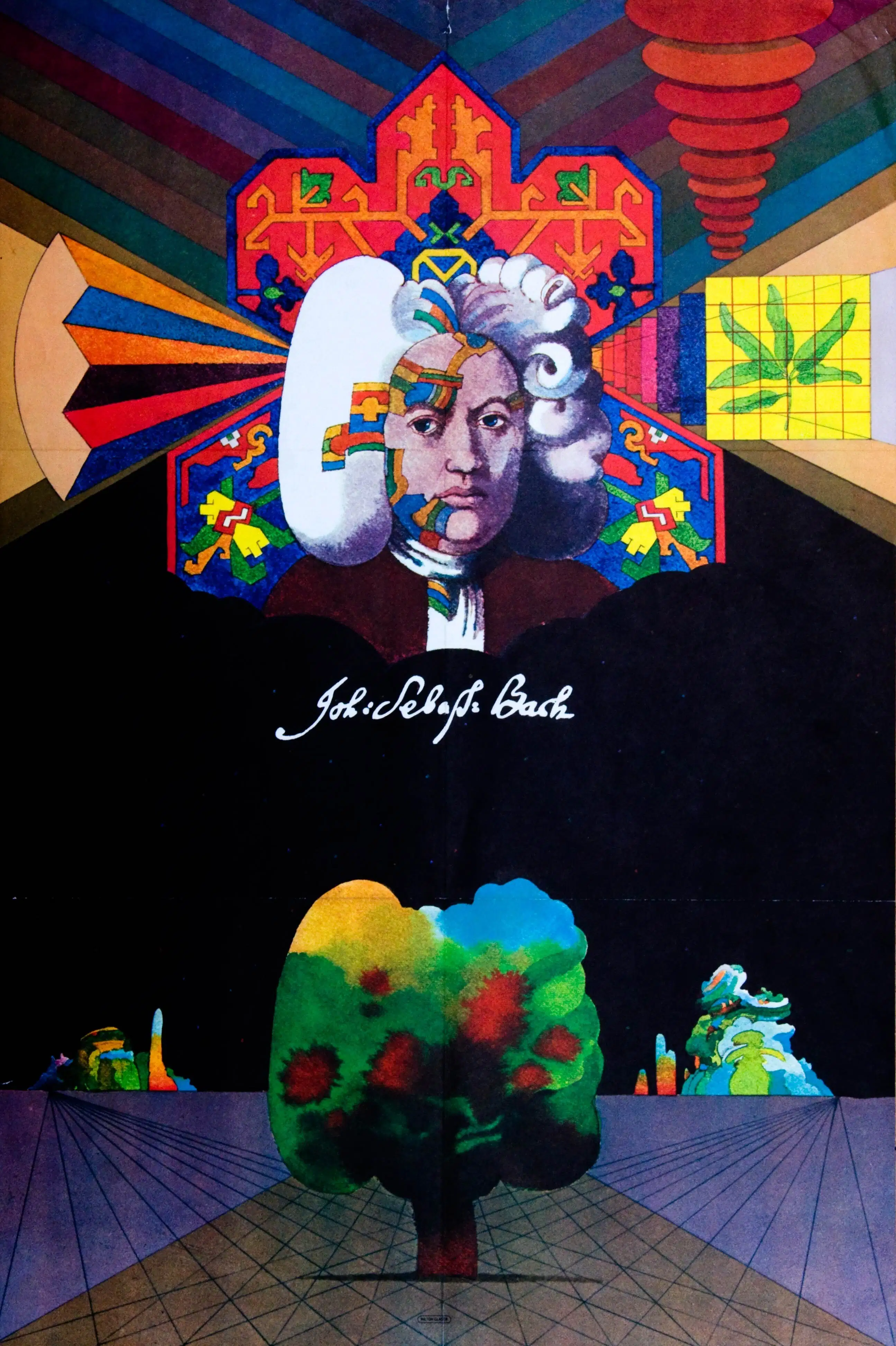 An illustration of composer Johann Sebastian Bach's head, which is floating in a surreal landscape.