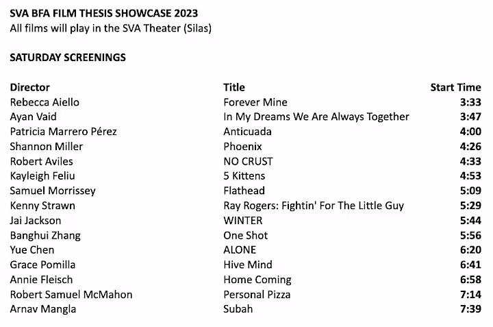 Saturday Screening Schedule