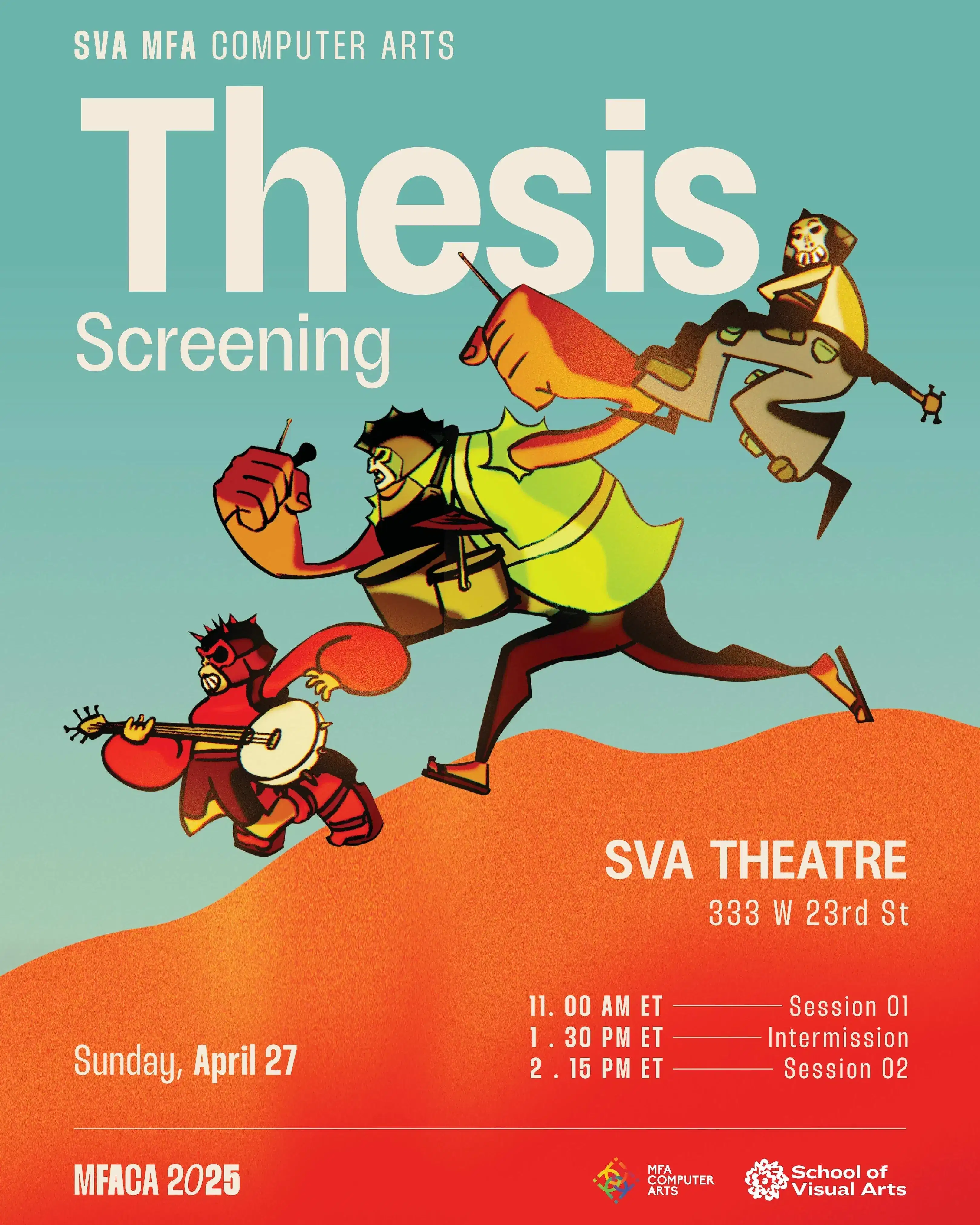 Poster with event details and a band of three dressed in monkey costumes running down a hill with their instruments 