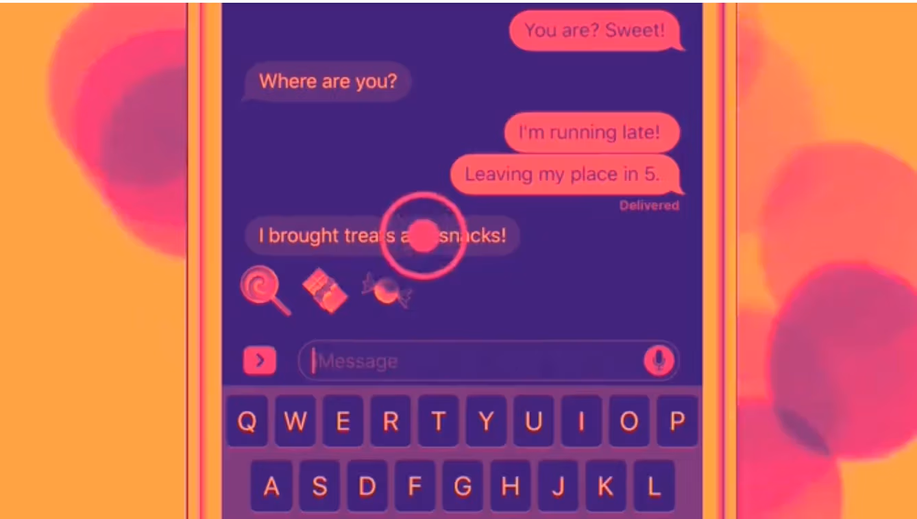 An colorful look at at a text message being sent on an iPhone.