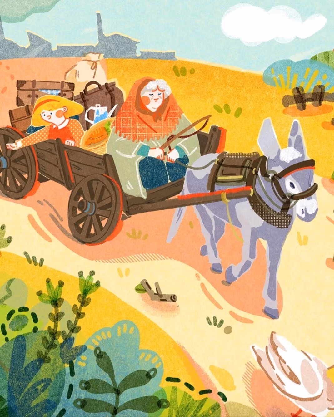 A colorful illustration of a donkey hauling a cart with a woman and a little girl, and luggage surrounded by animals like ducks, rabbits and more