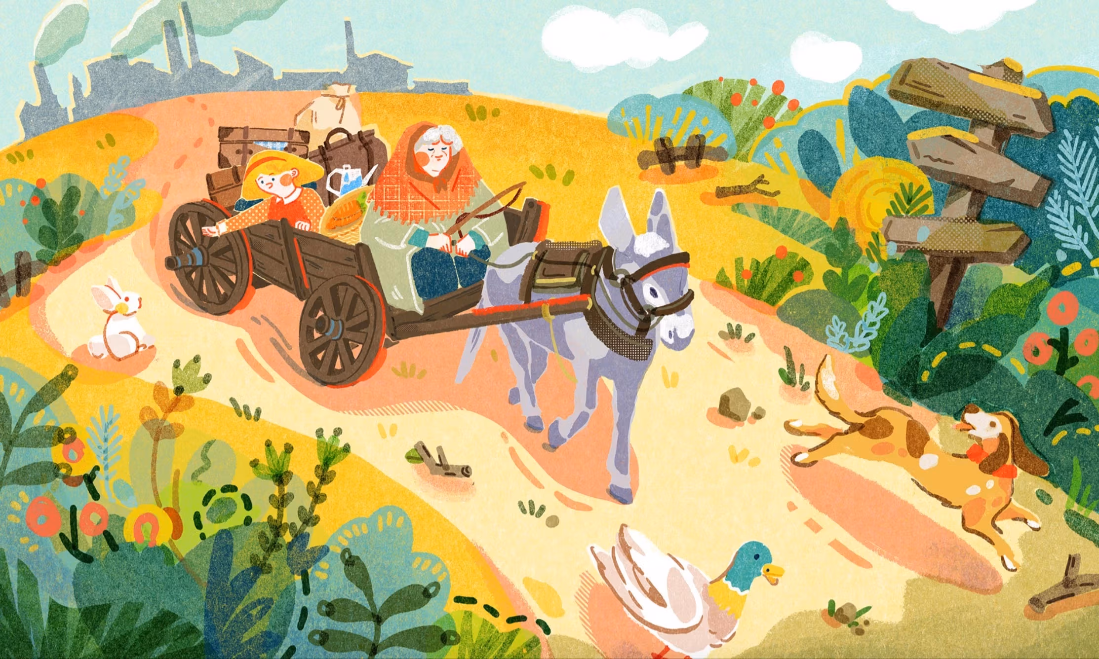 A colorful illustration of a donkey hauling a cart with a woman and a little girl, and luggage surrounded by animals like ducks, rabbits and more