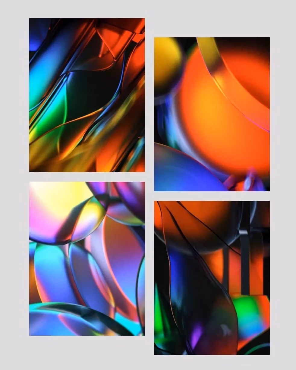 four rectangles on a gray background filled with vibrant, neon-hued abstract shapes and colors,