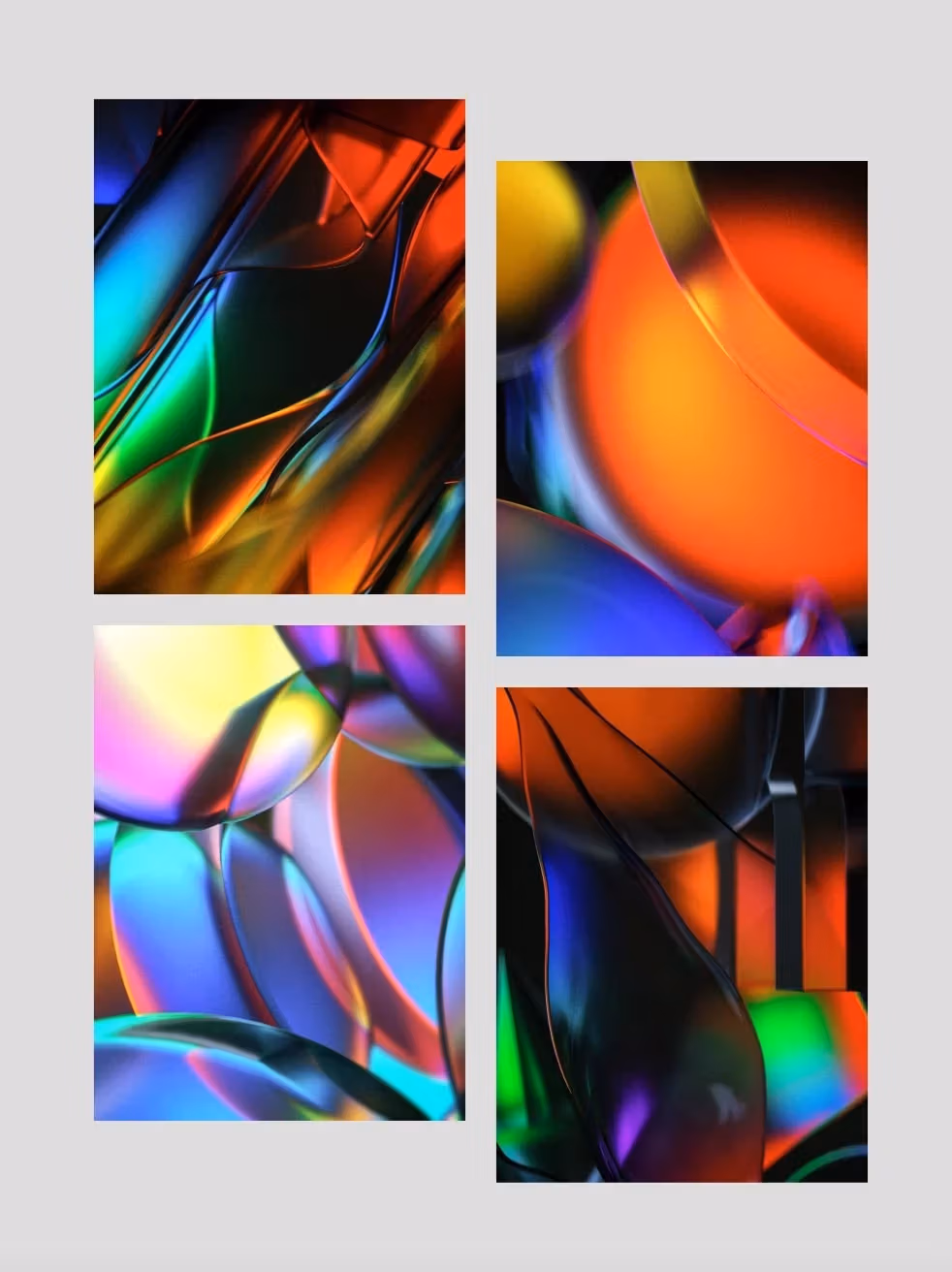 four rectangles on a gray background filled with vibrant, neon-hued abstract shapes and colors,