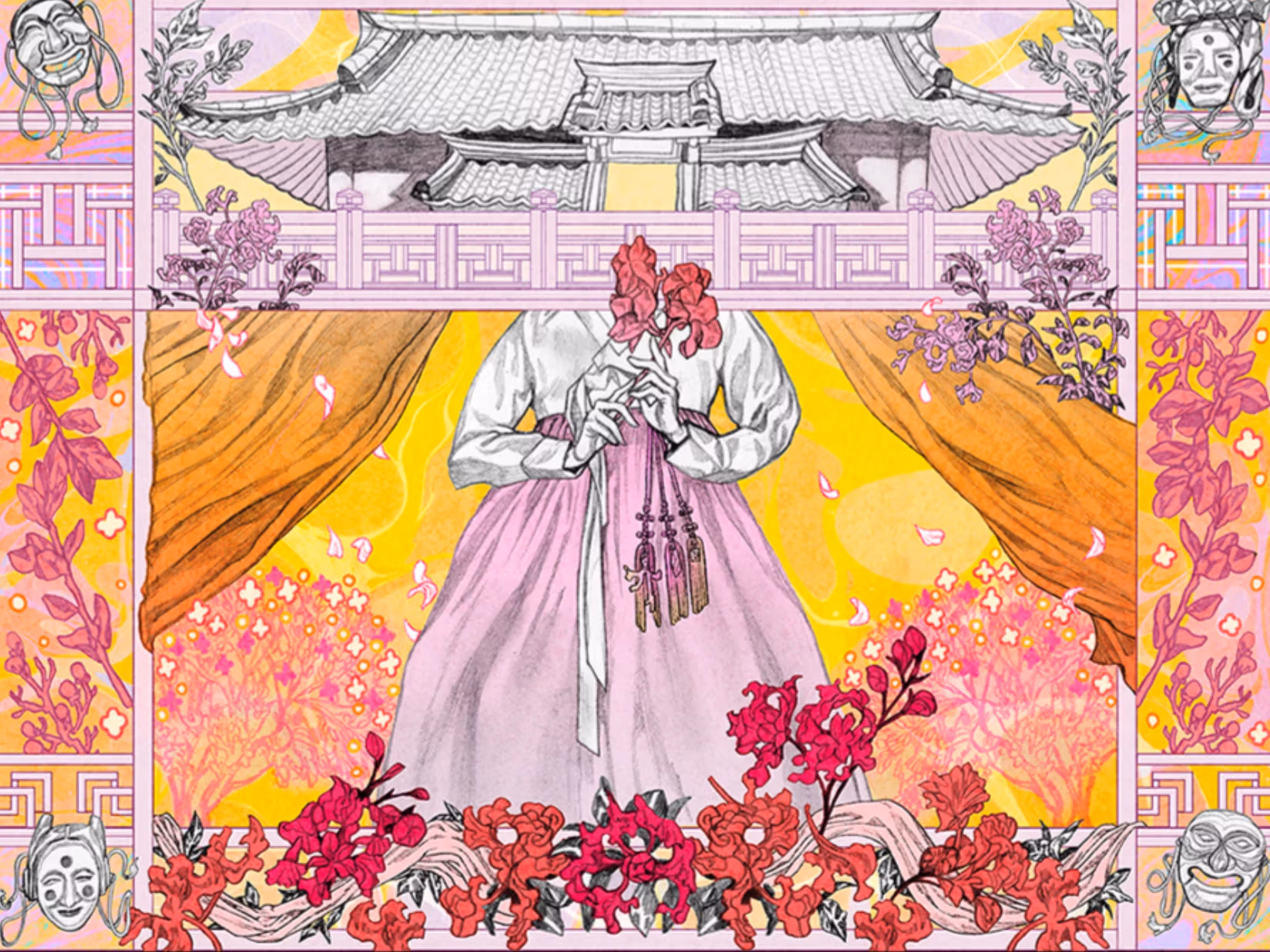 A woman in a pink dress stands gracefully amidst a vibrant array of blooming flowers.