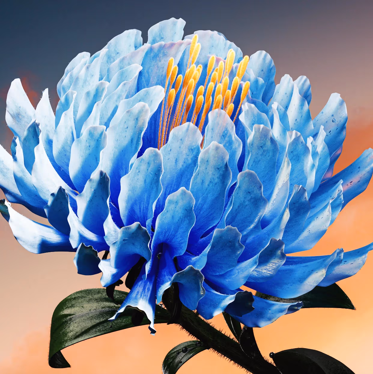 A blue flower surrounded by vibrant yellow petals, showcasing a striking contrast in colors.