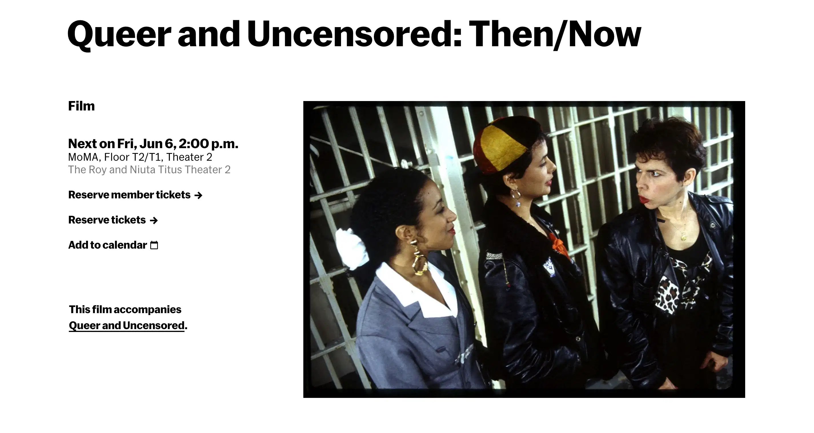 A screenshot from the MoMA website showing the event details for Queer and Uncensored: Then/Now