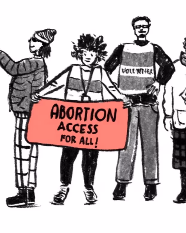  Illustration of diverse individuals holding signs advocating for universal abortion access, promoting reproductive rights for all.