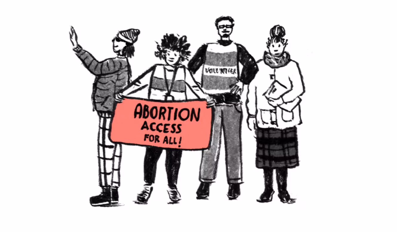  Illustration of diverse individuals holding signs advocating for universal abortion access, promoting reproductive rights for all.