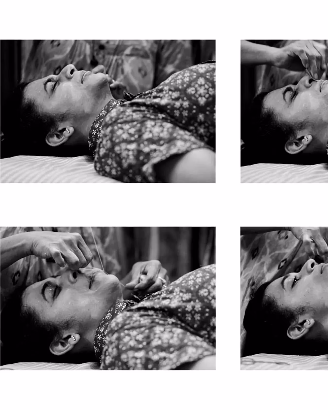 A collage of six black and white photos. Shravya is shown in all six photos, receiving facial threading from someone whose hands are in the frame. In the photos, Shravya wears a shirt with a floral pattern, keeps long hair, and has three piercings on her right ear. 