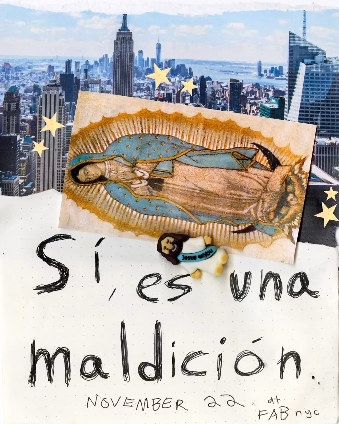 Poster for the play which shows the New York skyline with an inversted postcard of a virgin over it.