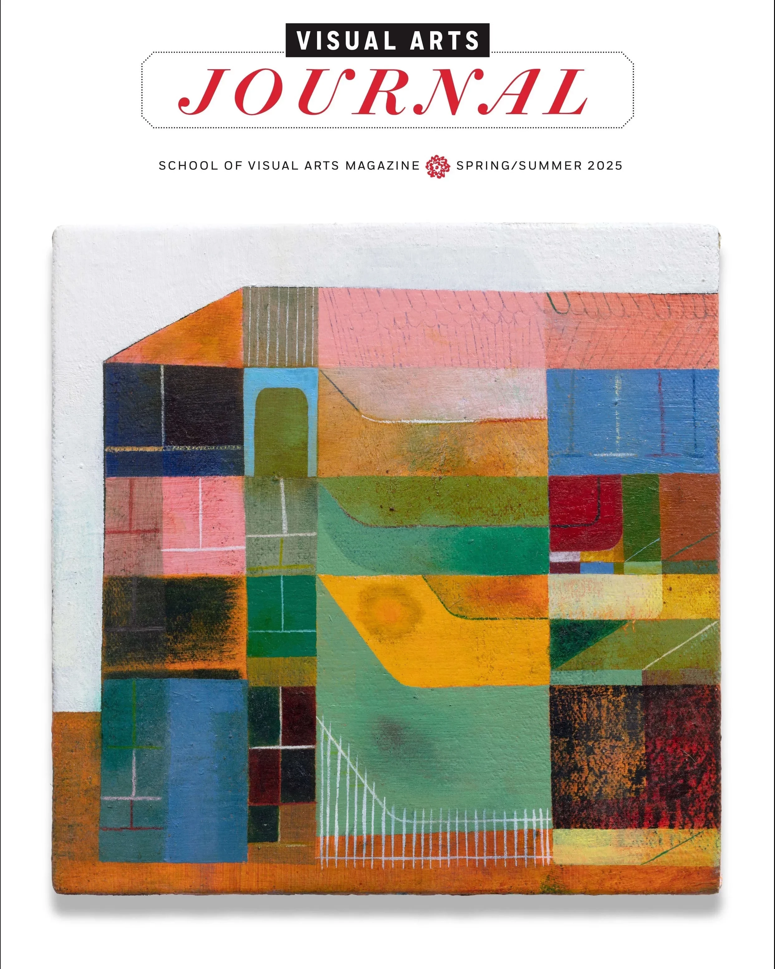 A magazine cover featuring a colorful, semi-abstract painting of a building exterior.