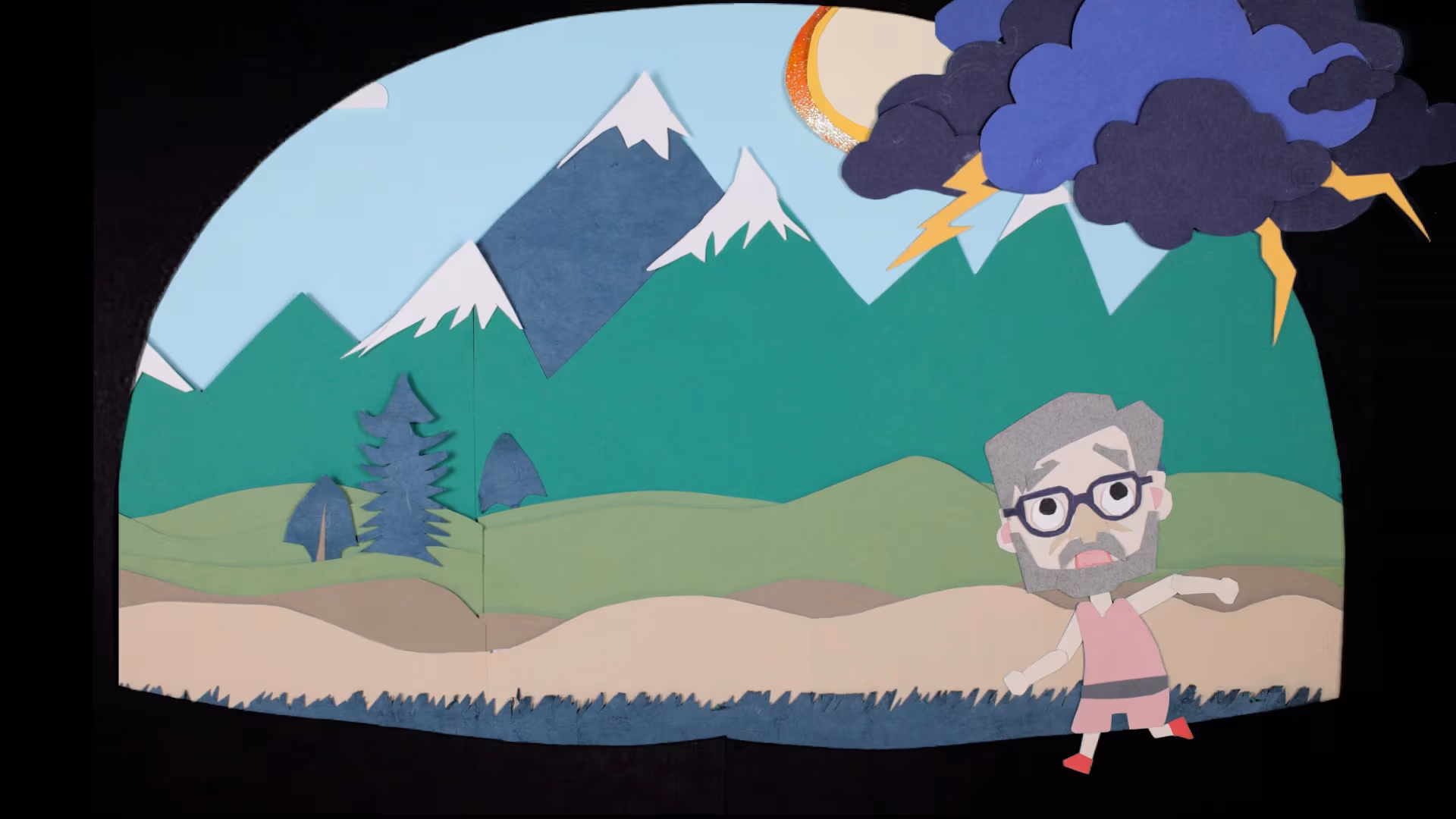 A paper depiction of an old man in front of a landscape while a storm thunders above him.