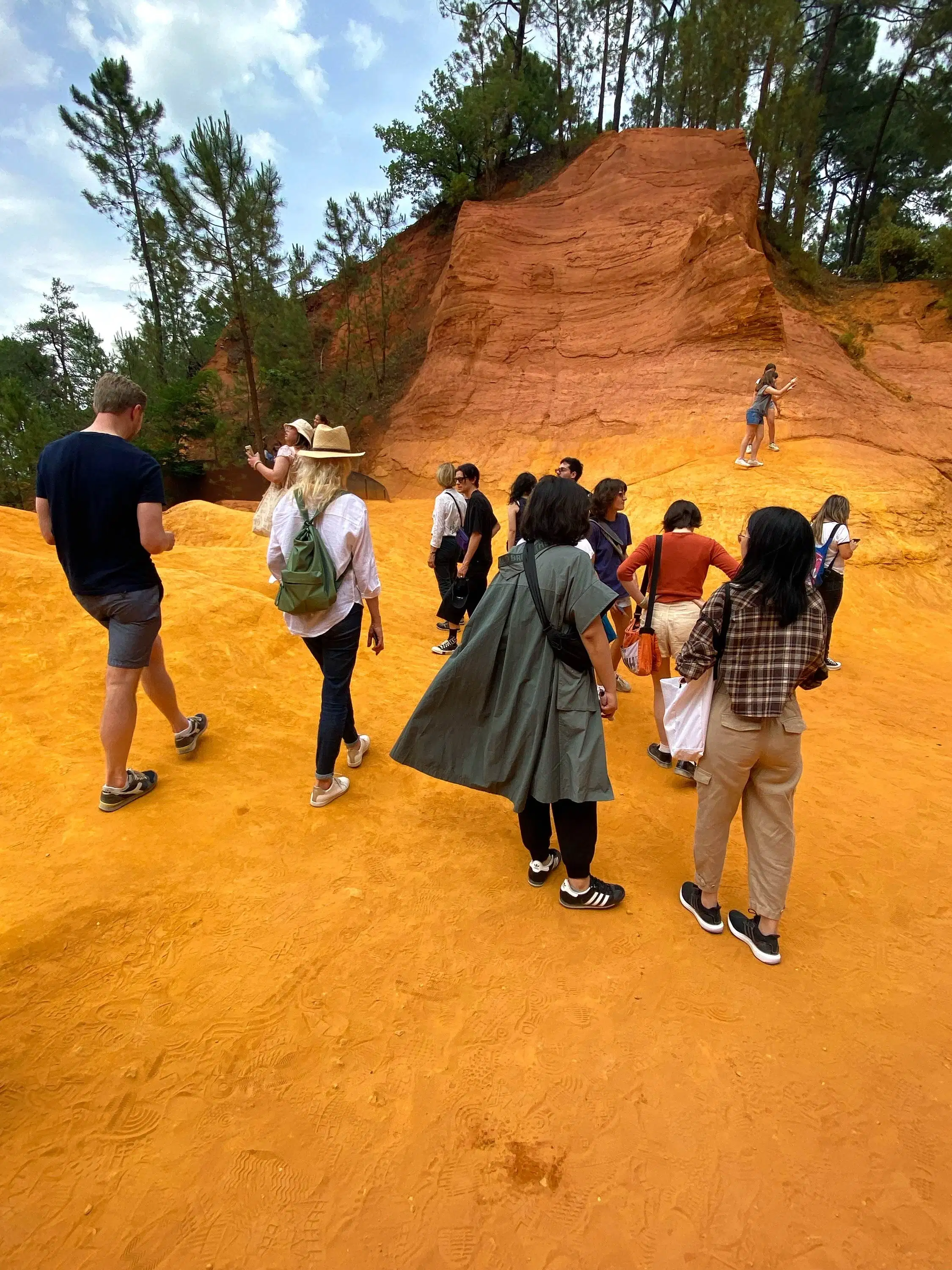 A group of people with cameras and sketchbooks walk on a hike, going up a gorgeously yellowy sandy hill.