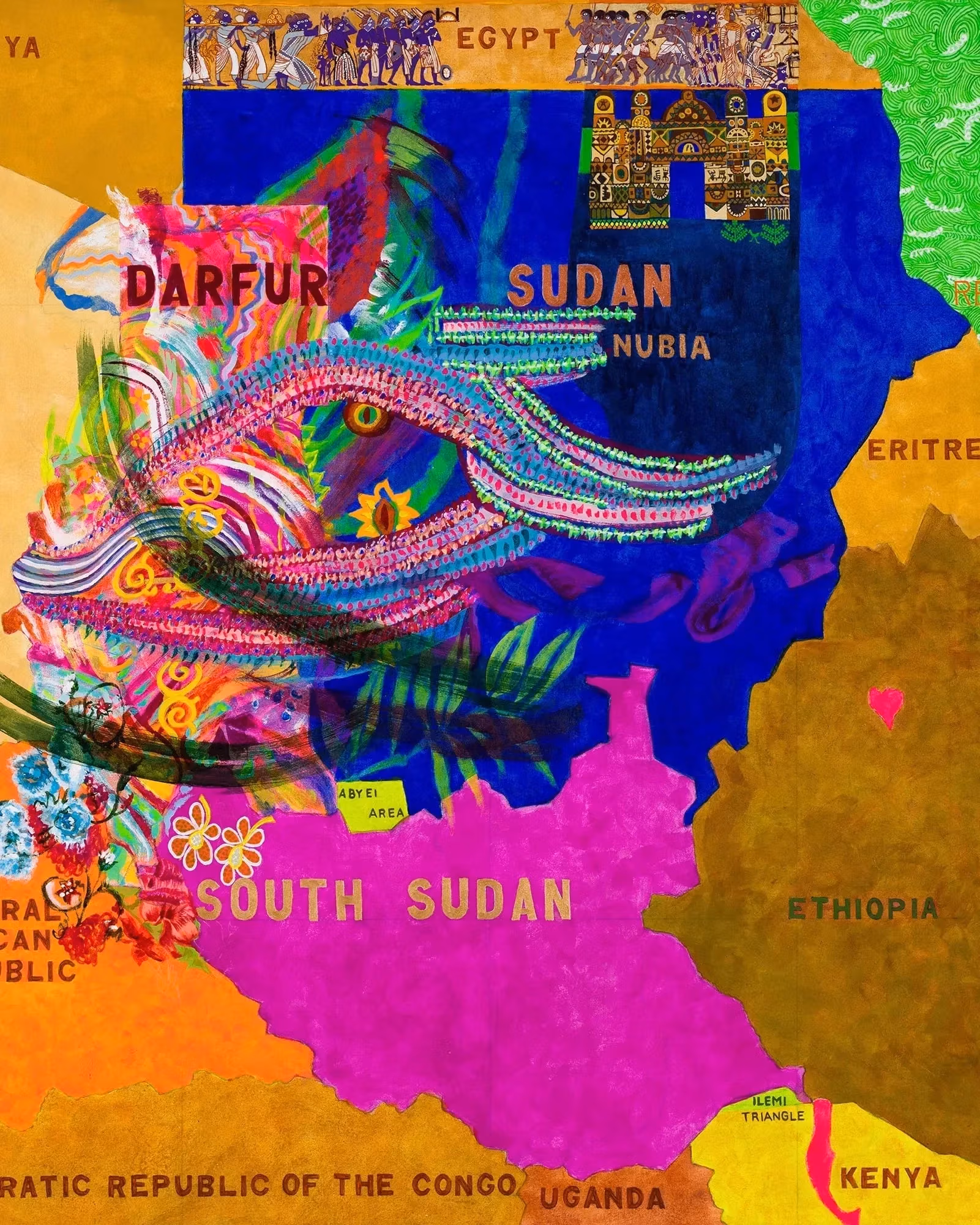 A painting by Joyce Kozloff depicting a map of a selection of countries in Africa.