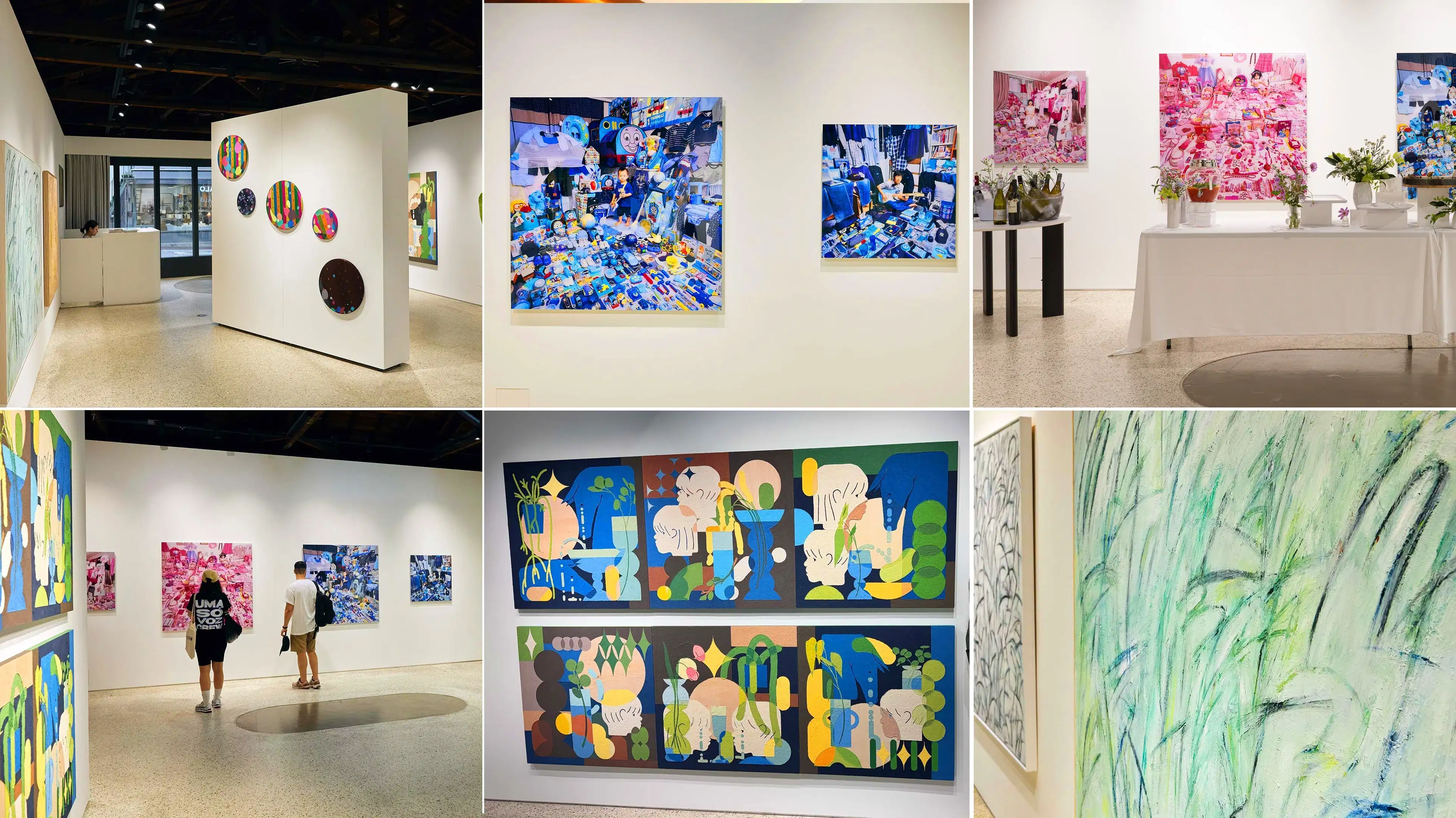 The image displays several views of a modern art gallery. The upper left section shows a white wall with circular abstract artworks featuring various colors and patterns, including stripes and dots. Behind this wall, there is a receptionist desk, and glass doors leading outside are visible with daylight filtering through.