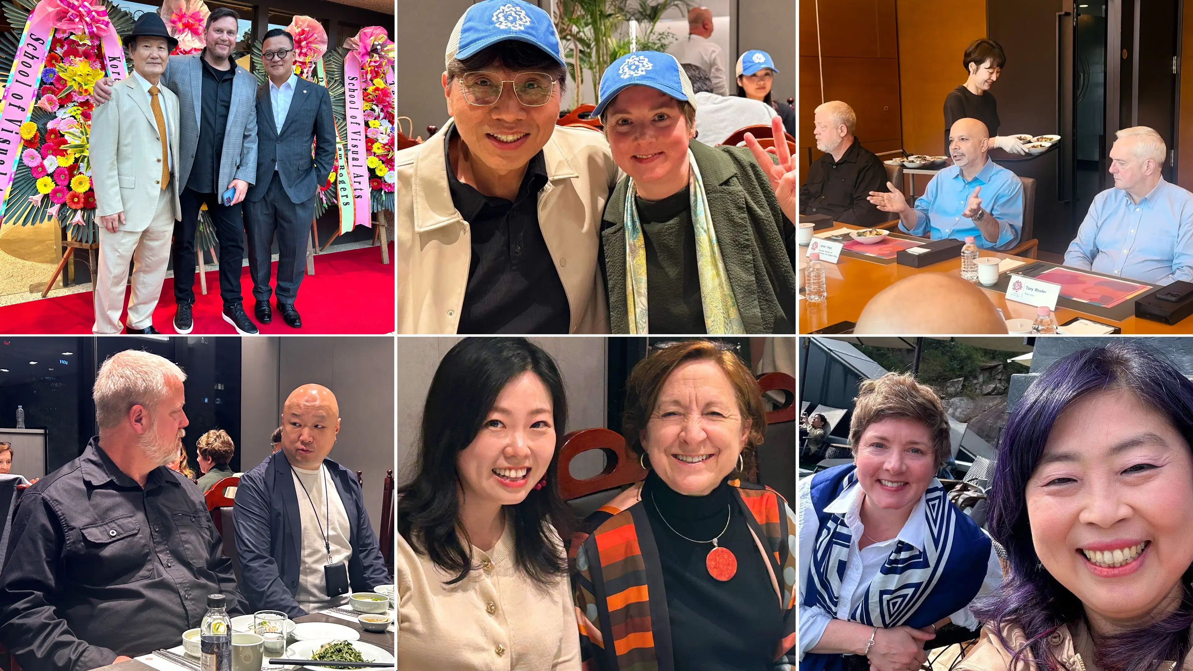 A collage of people on a trip to Korea, some wearing light blue SVA hats, with associated gear.
