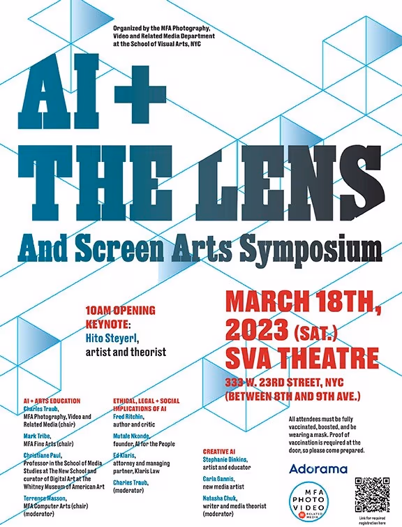 White flyer for AI Symposium with large blue lettering and red subtext with details and info in small text.