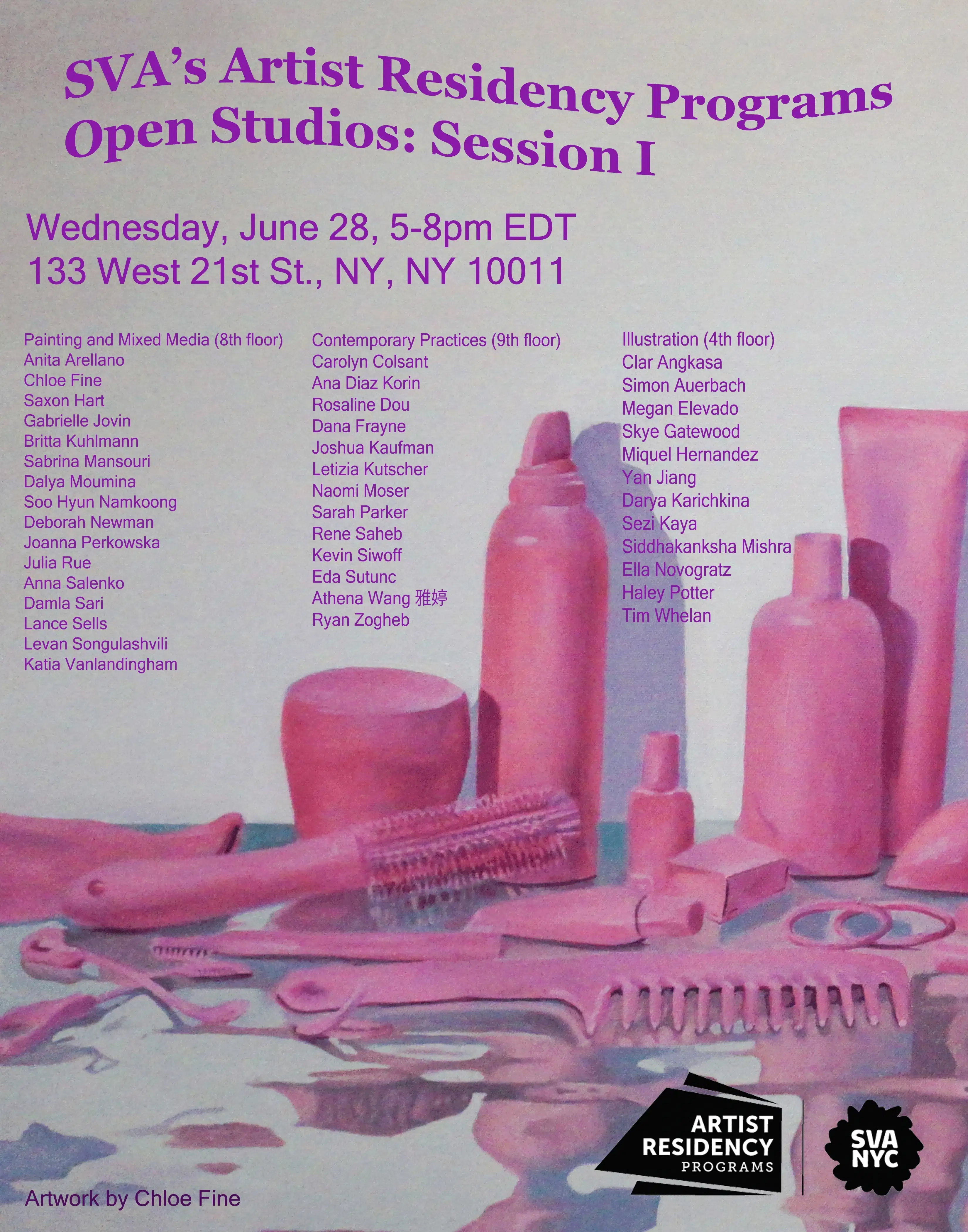 Open Studios poster with purple font that reads "SVA's Artist Residency Programs Open Studios: Session 1" and image of painting of pink beauty tools.