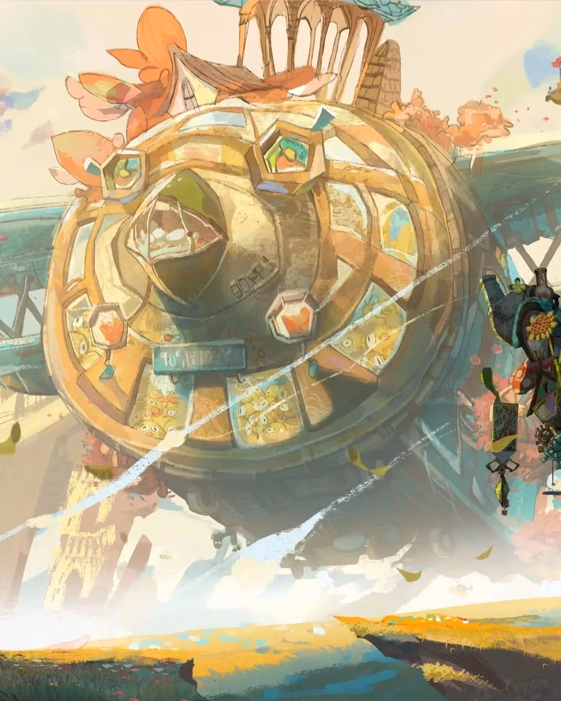 A large, whimsical flying machine shaped like a bear head soars through the sky, accompanied by floating animals with balloons and figures riding a smaller contraption in a colorful fantasy landscape.