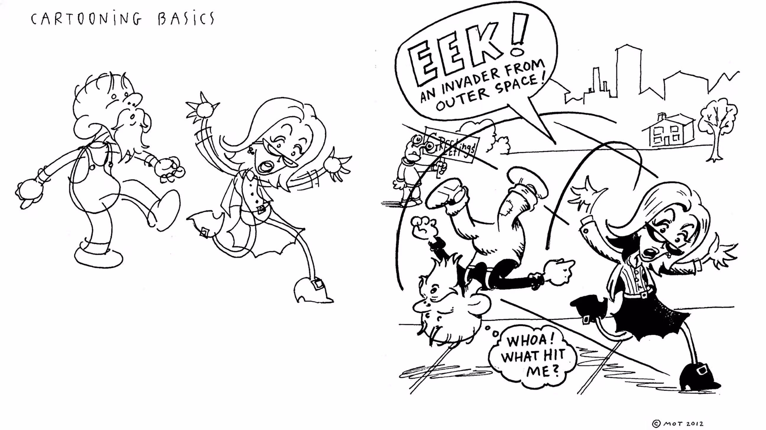 An sketch drawing of a woman tripping a man as she runs from an alien holding a sign that says "Greetings"