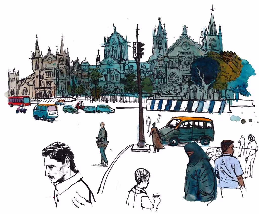 A street view of buildings in blue tones with people walking around on the street in front