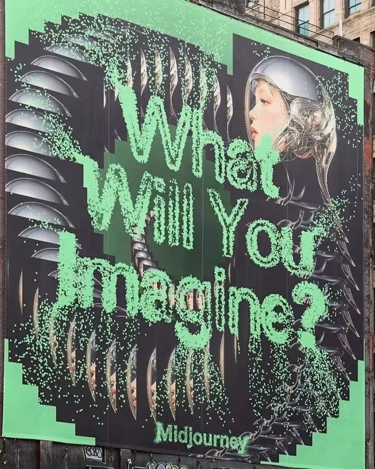 An image of a woman in a silver futuristic helmet on a background duplicated over and over in a spiral pattern that slowly gets larger on a green background. Particles form the words "What Will You Imagine?" and "Midjourney" in smaller text at the bottom.