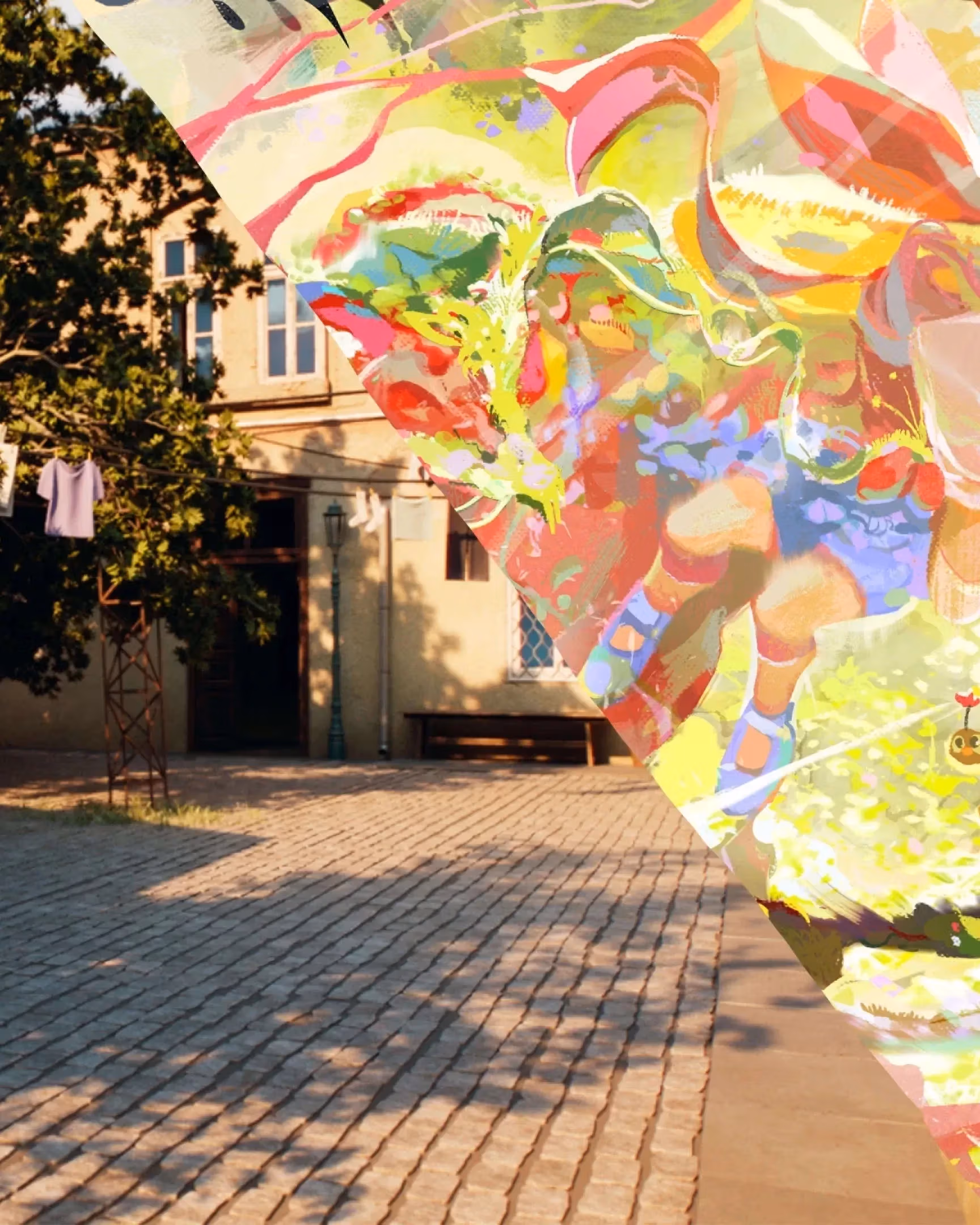 3D animation image of outdoor space with cobblestone street with a teal bike leaning against a terracotta brick building. 