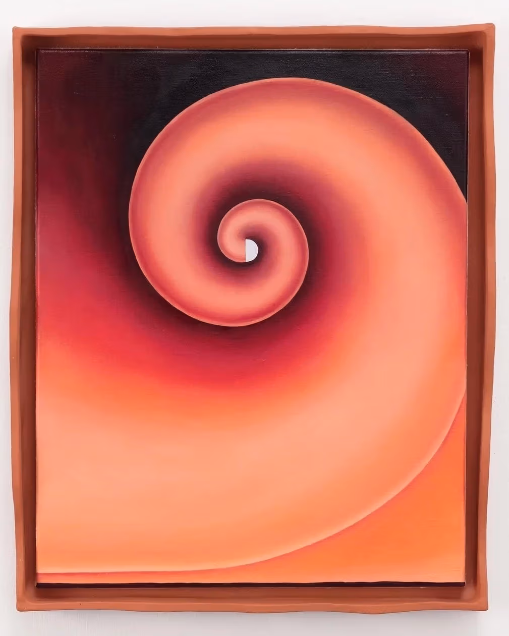 An oil painting of a spiral in peachy warm tones. 