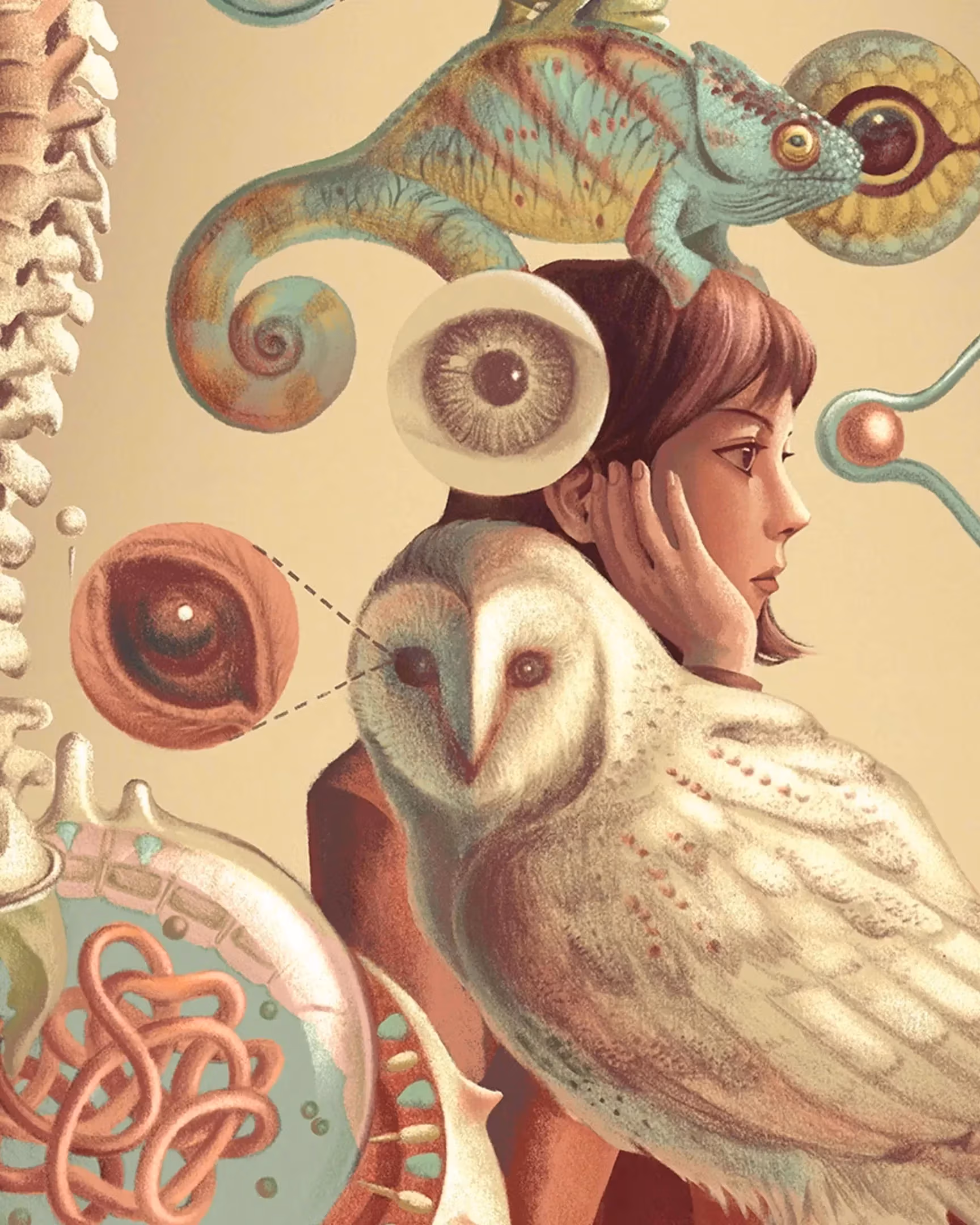 A surrealist illustration with a woman looking to the right with her hand in her palm. A chameleon sits on her head and an owl is perched in front of her. They're surrounded by human body parts such as diagrams of skin, cells, a spine, as well as closeups of each of the three figures' eyes.