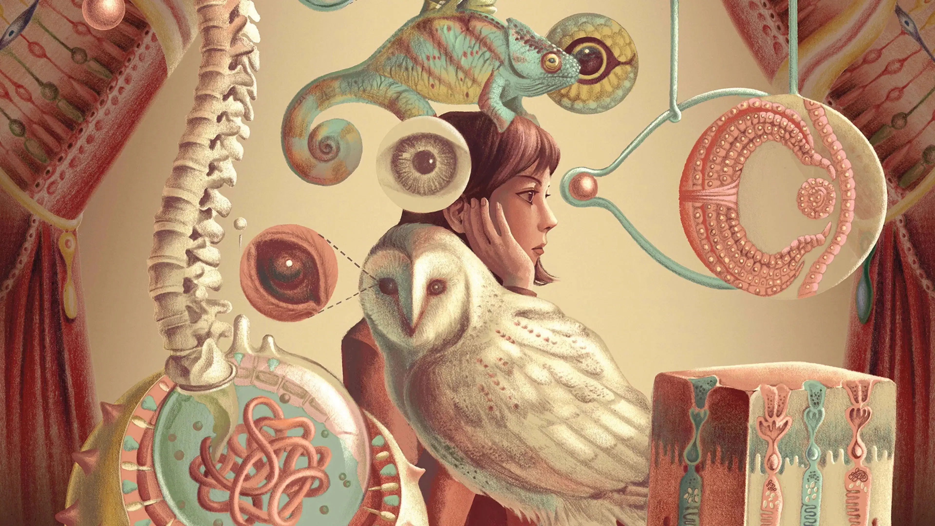 A surrealist illustration with a woman looking to the right with her hand in her palm. A chameleon sits on her head and an owl is perched in front of her. They're surrounded by human body parts such as diagrams of skin, cells, a spine, as well as closeups of each of the three figures' eyes.