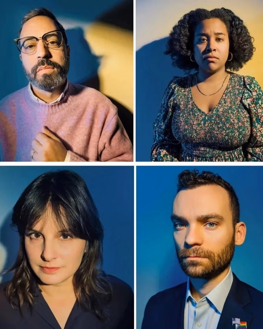 Four portrait photos in a 2x2 grid. Top left: Person in glasses and pink sweater, thoughtful. Top right: Person in floral dress, calm. Bottom left: Person in black shirt, serene. Bottom right: Person in suit with lapel pin, serious. Backgrounds are blue with yellow lighting accents.