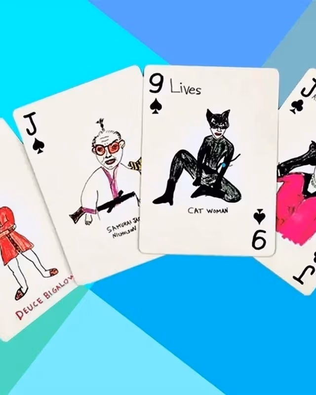 a deck of illustrated cards on a blue, grey, gray and aqua background.