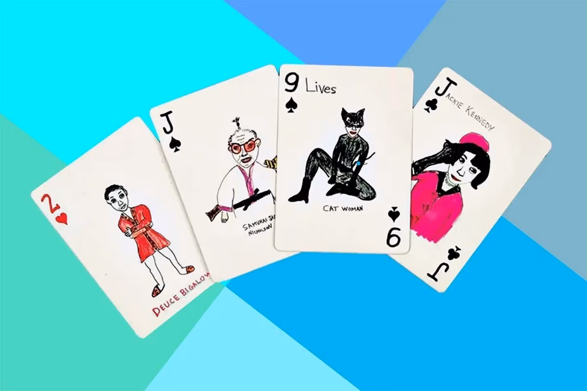 a deck of illustrated cards on a blue, grey, gray and aqua background.