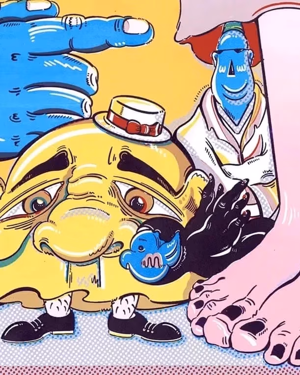 The pop art style painting focuses on many different features of the body. Such as noses, ears,eyes, hands, finger nails, toe nails, feet, and legs.The features of the body are shown as different types of characters. The viewer will notice that the primary colors are showcased throughout the entire painting. Those colors are Red, Yellow and Blue.