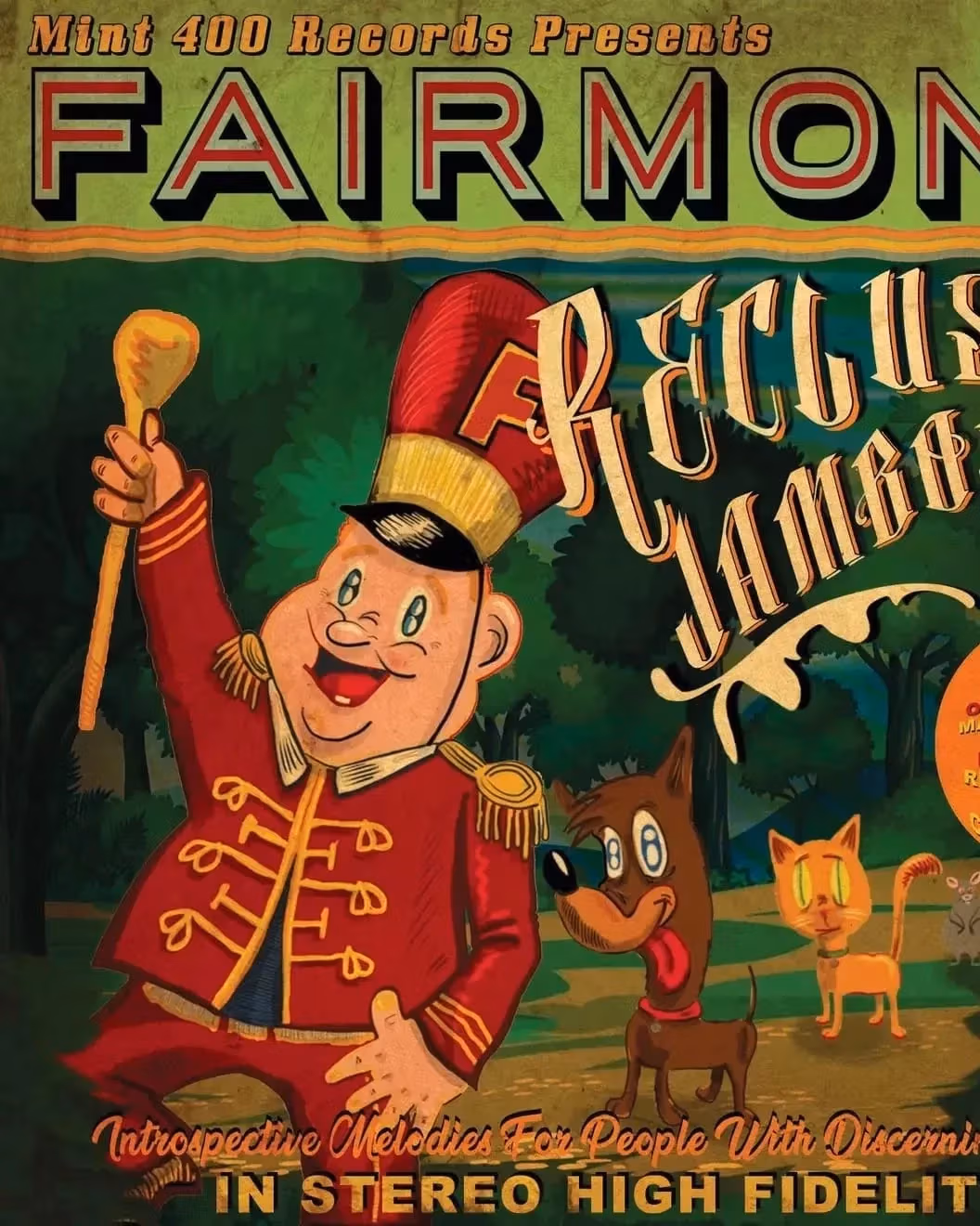A illustrated album cover for the band Fairmont with animated marching band member dressed in red, holding a golden baton followed by a dog and a cat titled, 'Recluse Jamboree.'