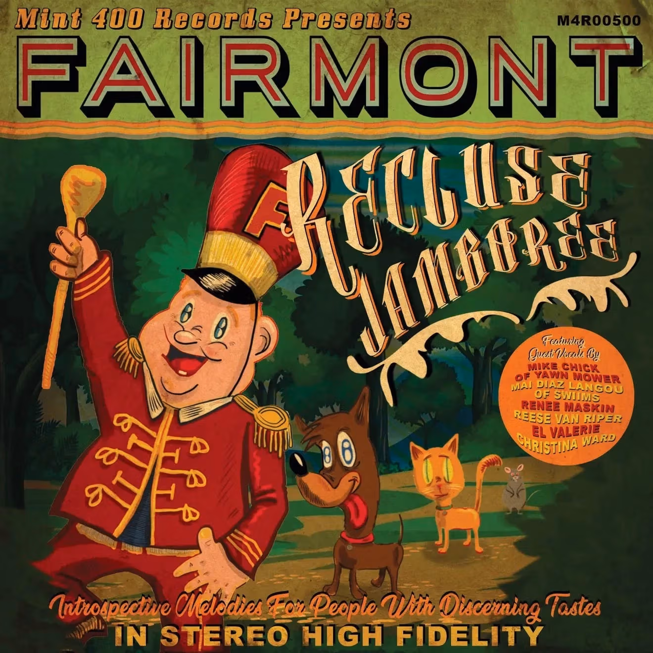 A illustrated album cover for the band Fairmont with animated marching band member dressed in red, holding a golden baton followed by a dog and a cat titled, 'Recluse Jamboree.'