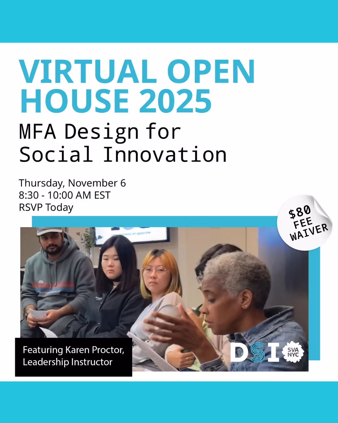 Teal background with image of person speaking and students listening.