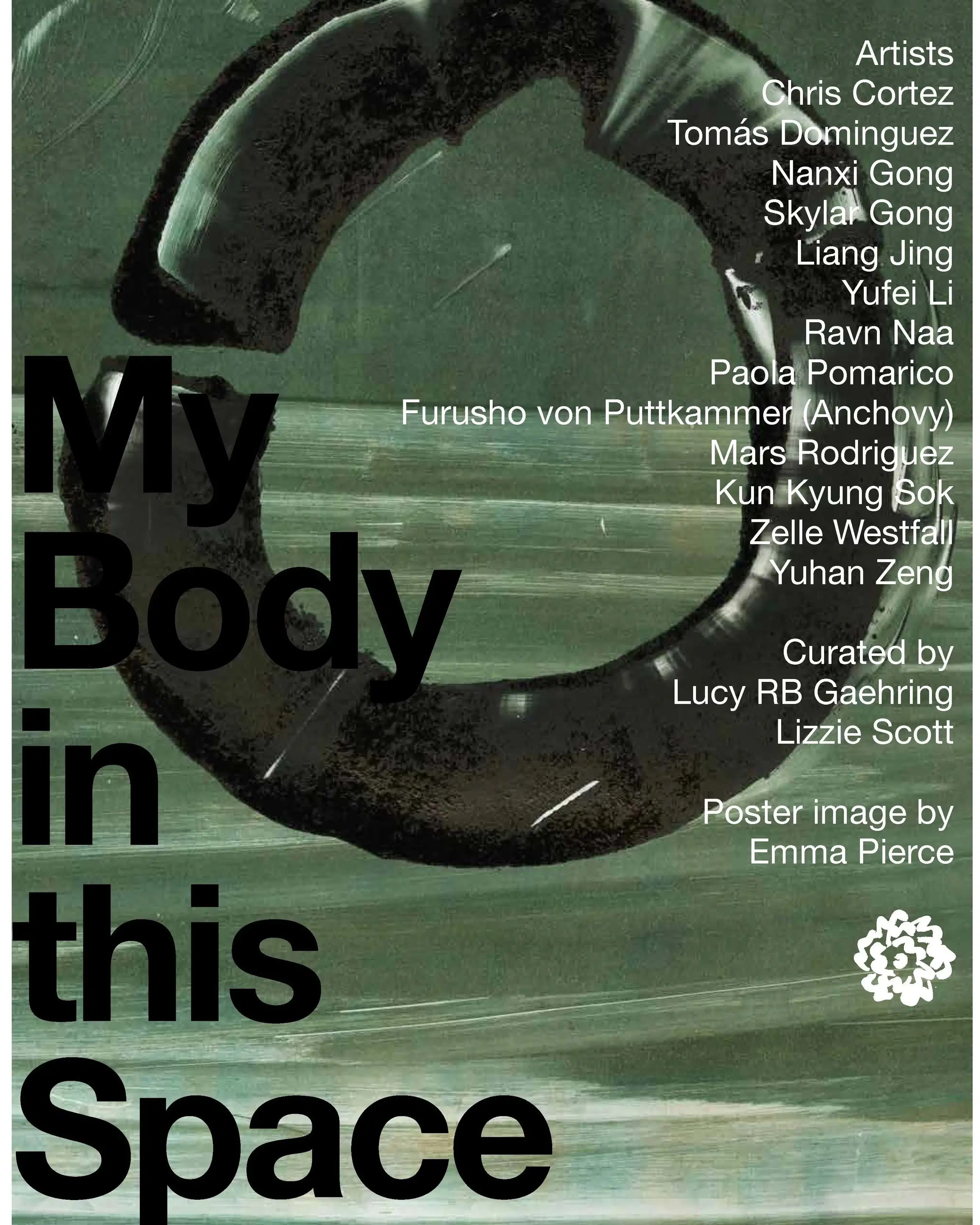 Poster for performance series showing the day, time and artists involved. There is an image of a black circle on a green background behind the words.