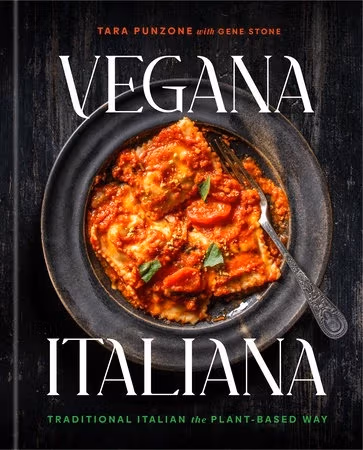 A book cover featuring a plate of pasta with the title 'Vegana Italiana' in white text.