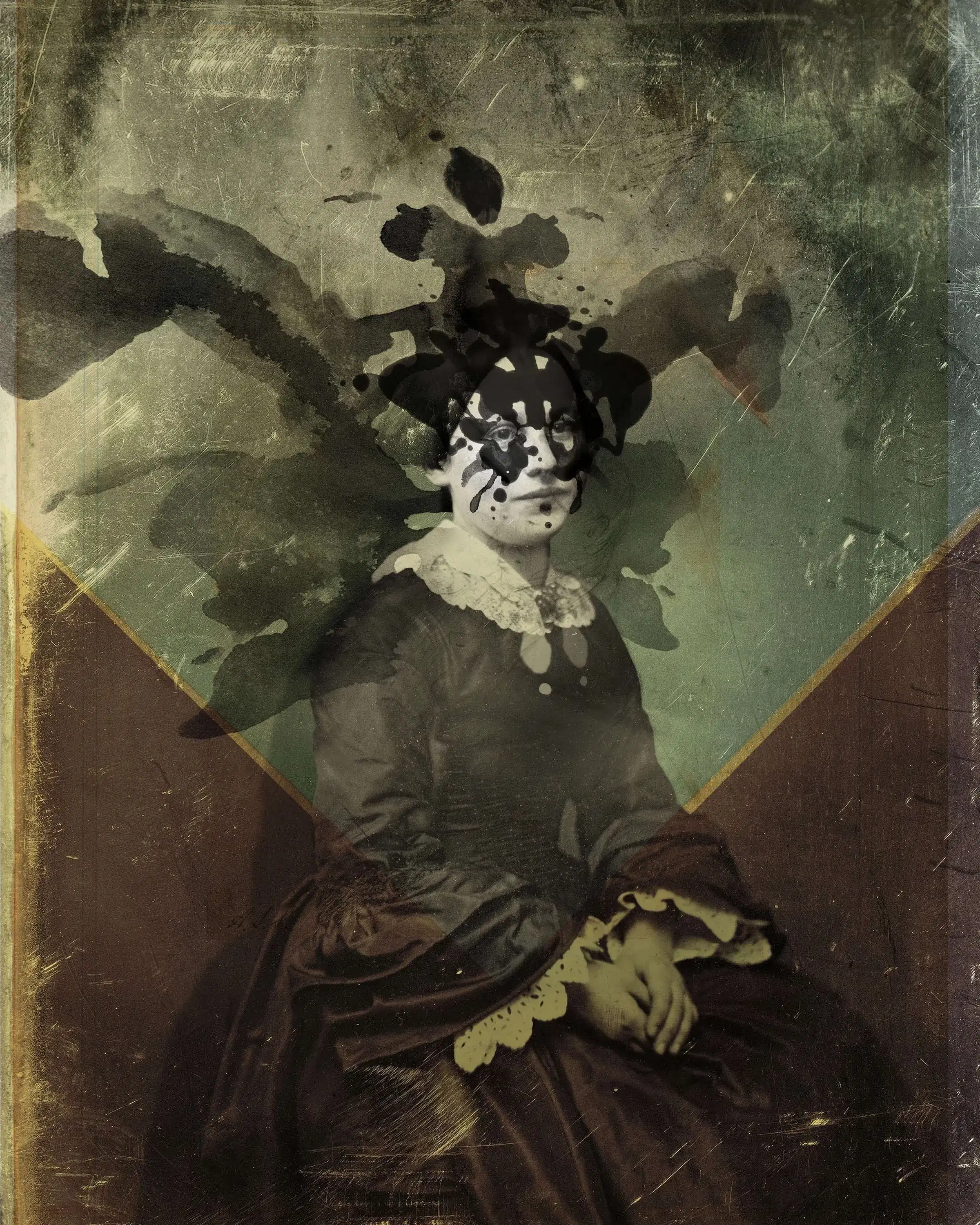 Ink rorchach pattern printed on an 19th century black and white photo portrait of a young woman.