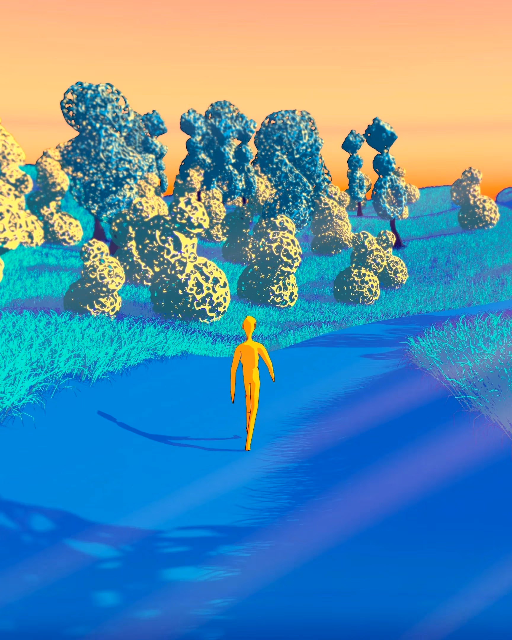 3D animated orange character walking on a blue path surrounded by trees with orange skies.