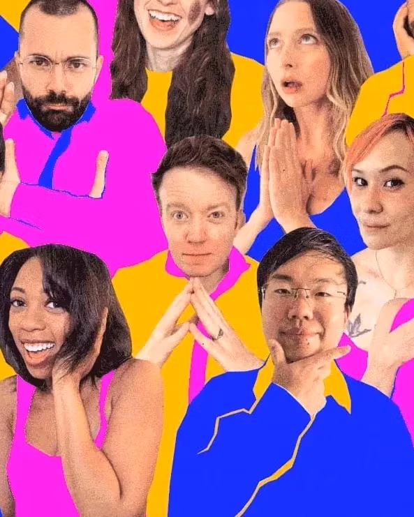 A blue, yellow and pink collage cutout image of dozens of comedians smiling and posing.