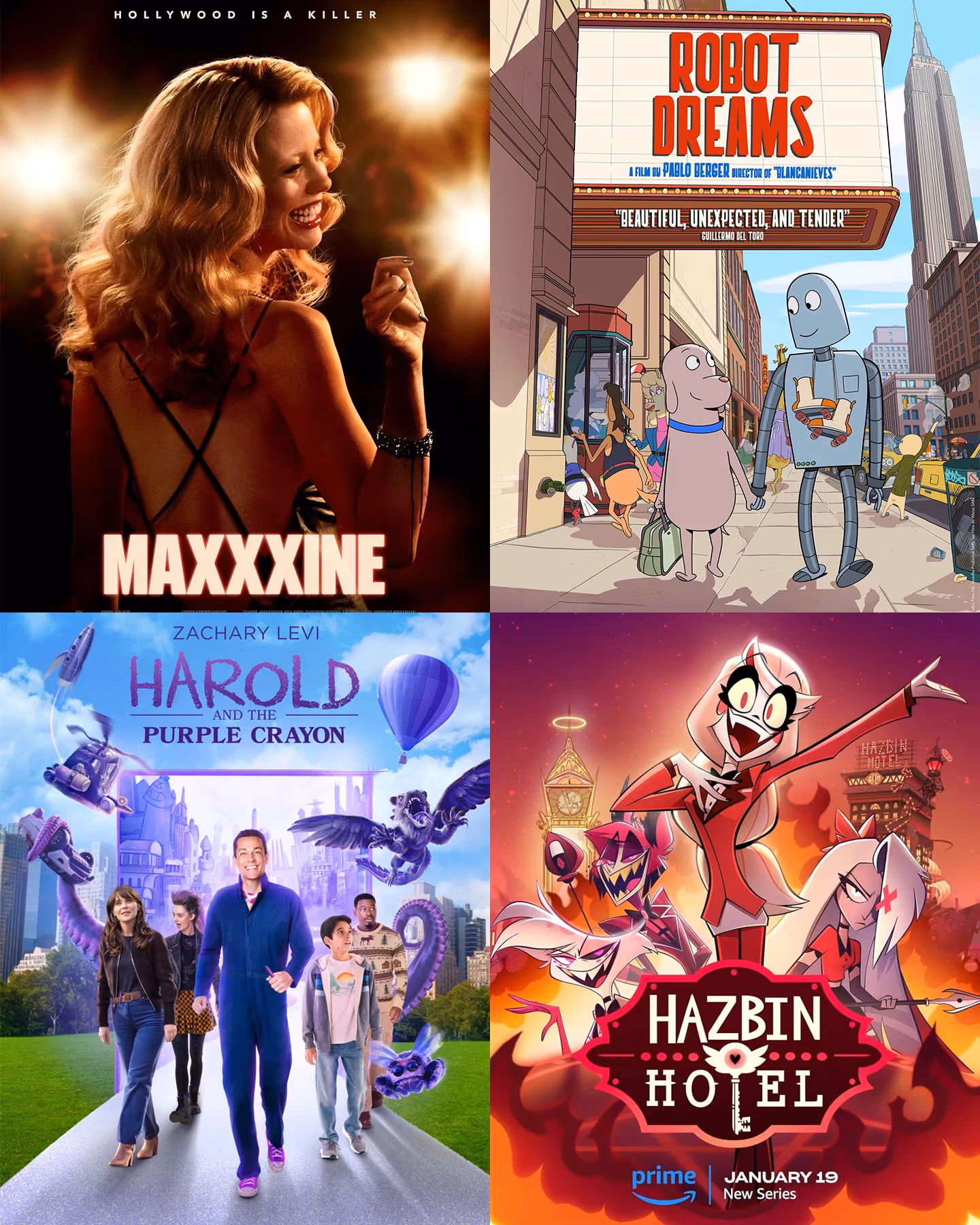 A collage of three film posters: 'Maxxxine,' 'Robot Dreams,' 'Harold and the Purple Crayon,' and 'Hazbin Hotel.' Two of them are animated films and two are live action.