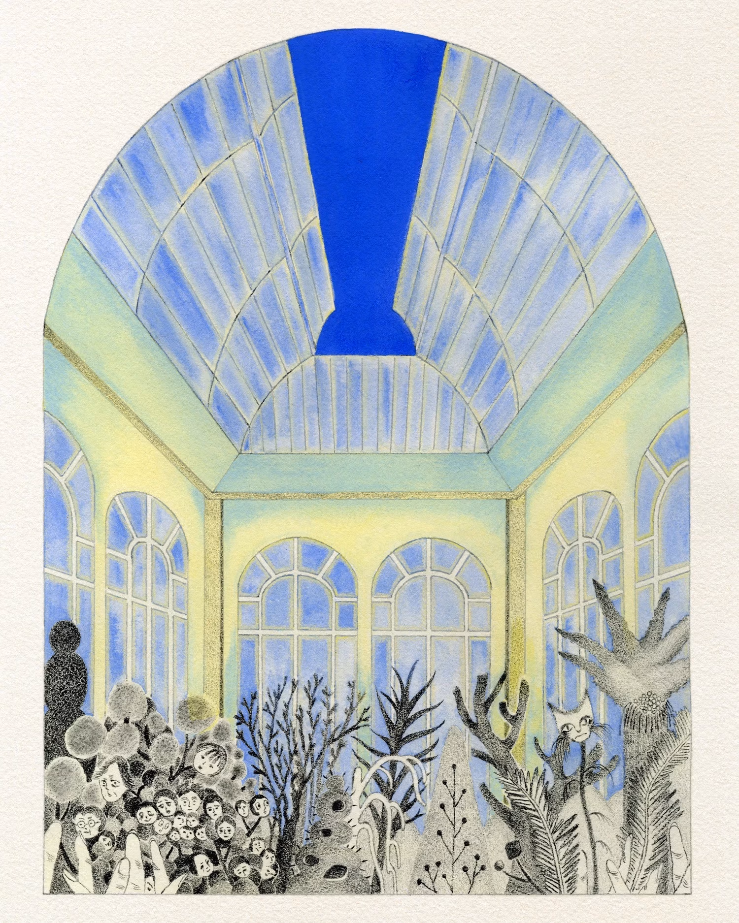 Plants and the family tree in the cabinet grow in the greenhouse during the evening. 