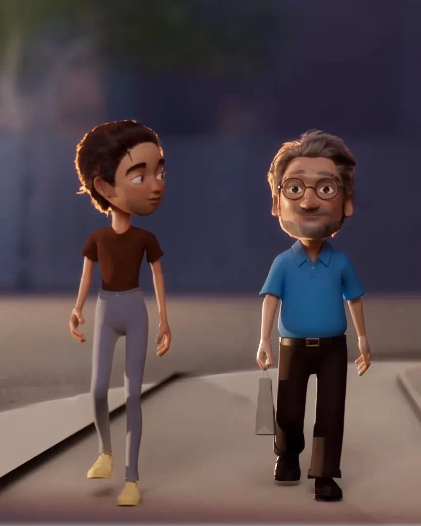 A still of a 3D film where a student is walking beside a professor