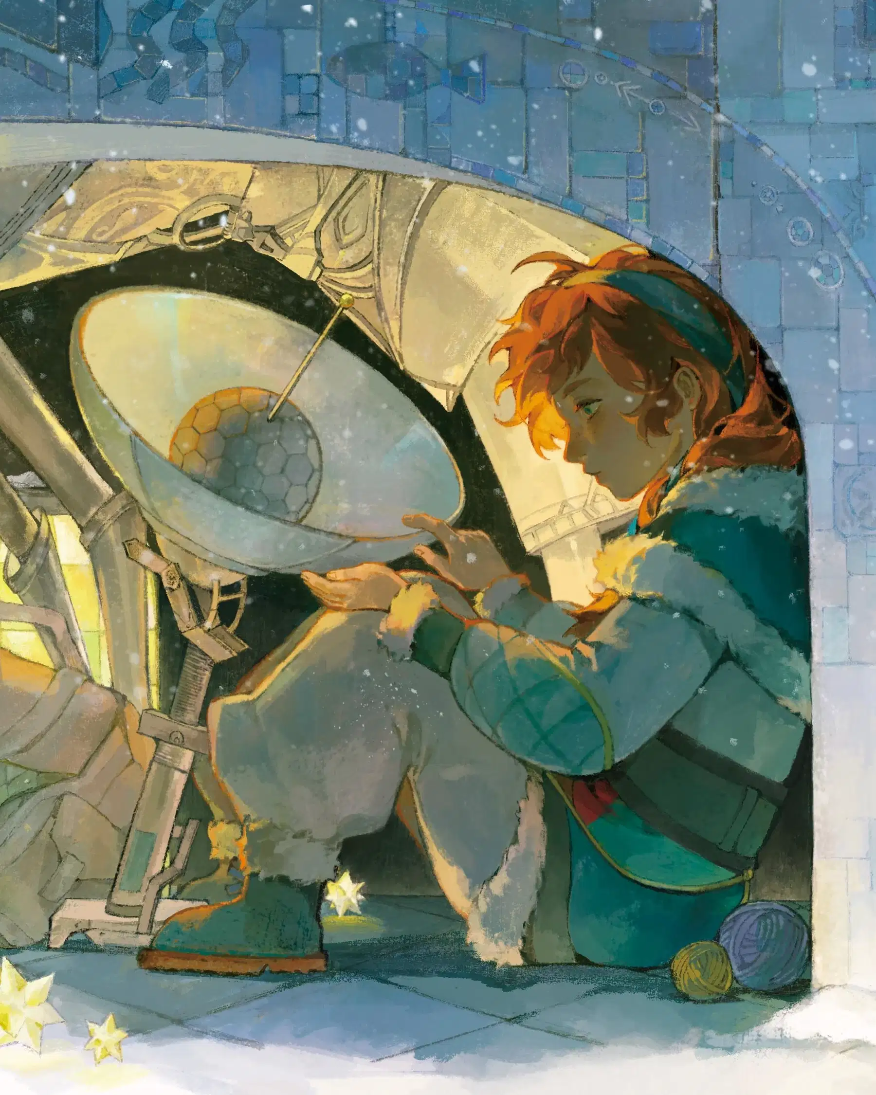 A sits in a snowy atmosphere with lanterns and technology..