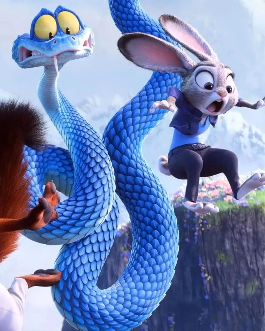 A surprised fox, a rabbit, and a blue snake appear startled on lush, flowered cliffs with snowy mountains in the background, conveying excitement and urgency.