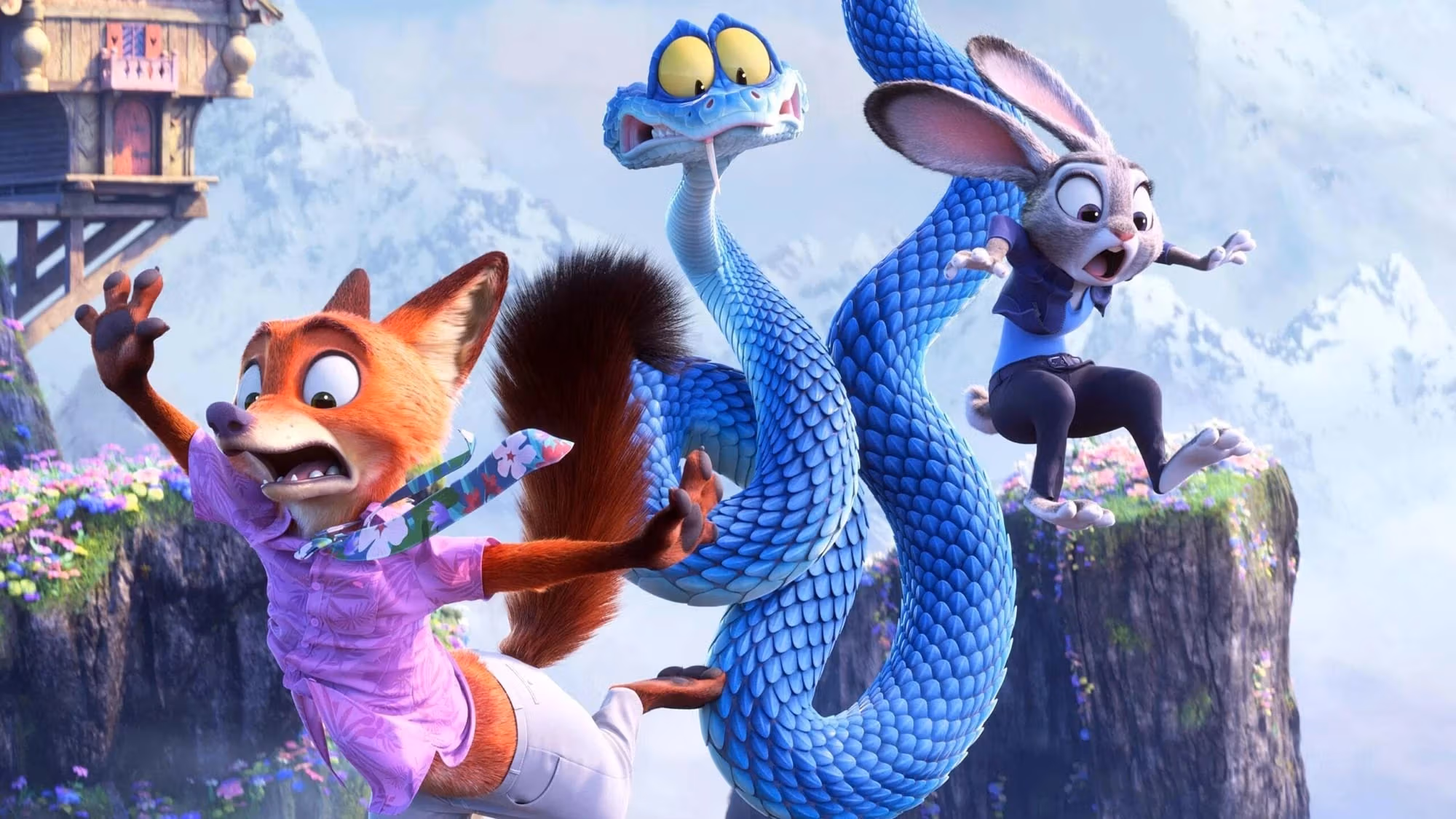 A surprised fox, a rabbit, and a blue snake appear startled on lush, flowered cliffs with snowy mountains in the background, conveying excitement and urgency.