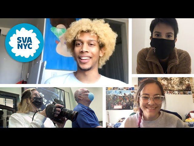 Collage of four photographs of SVA students and faculty members